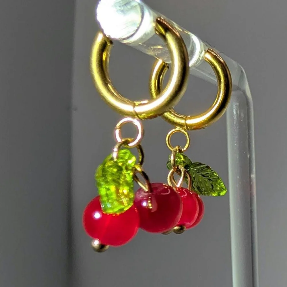 Gold Cherry Huggie Earrings, Gold Ion Plated Stainless Steel Hoops, Glass Beads - Picture 4 of 6